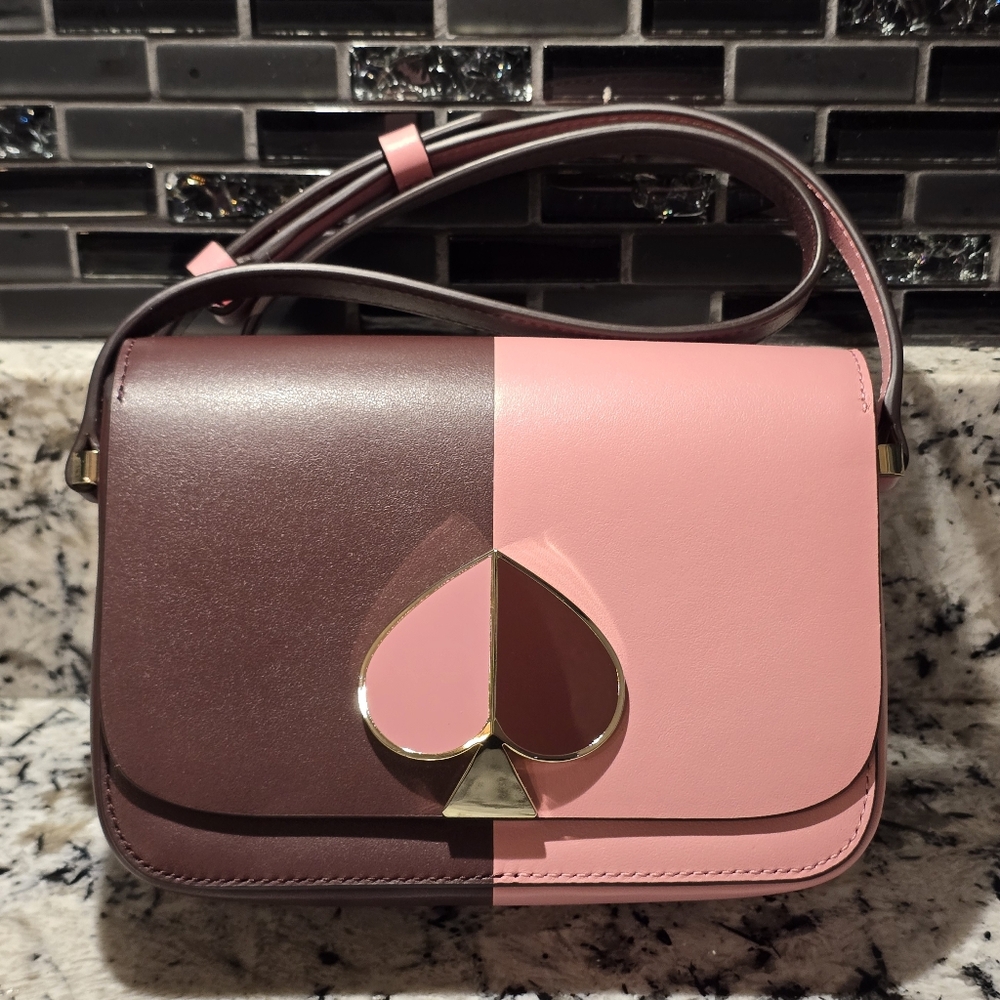 NWOT Kate Spade Nicola Bicolor Small Crossbody Purse, Roasted Fig, Rococo Pink